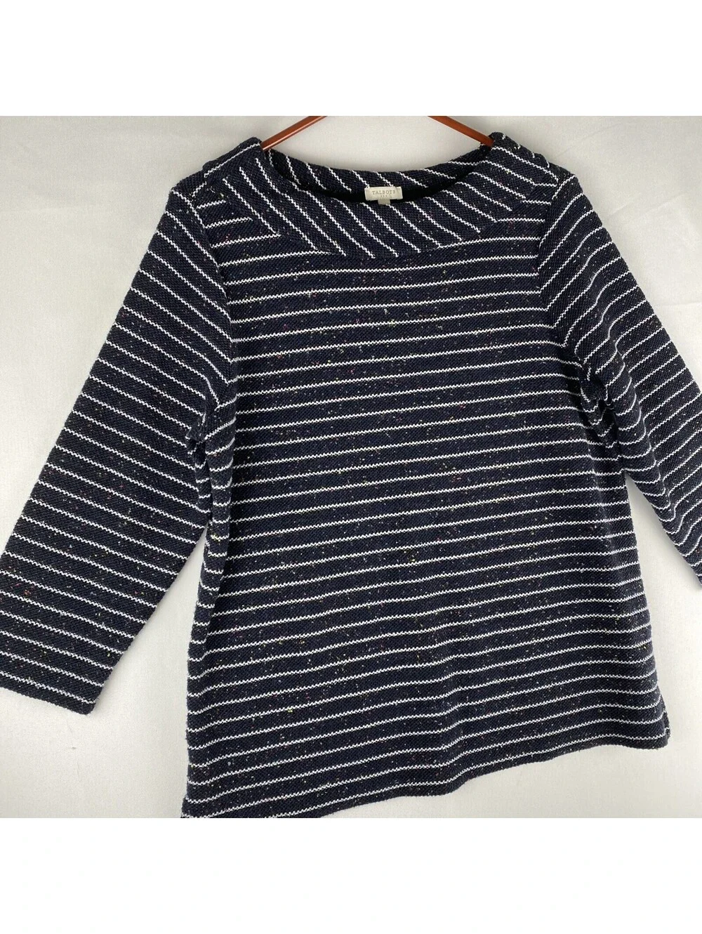 TALBOTS Knit Sweater Top Med Speckled Striped 3/4 Sleeve Navy Blue White